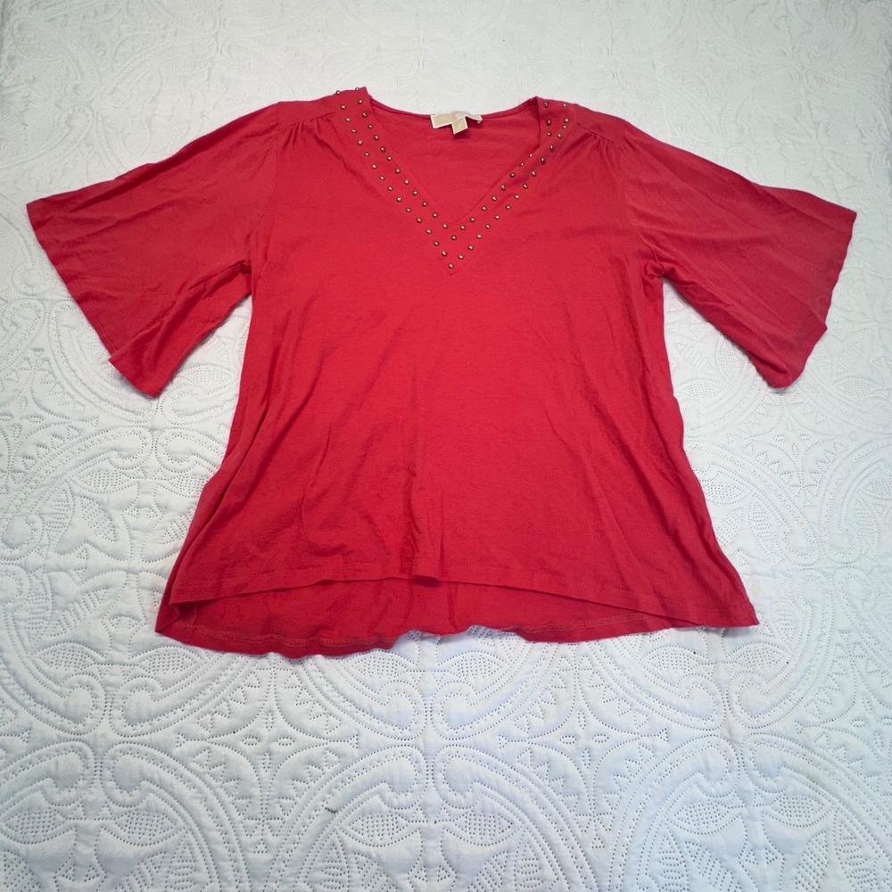 Michael‎ Kors Womens Red V-Neck Studded Flutter Sleeve High-Low Top Size M
